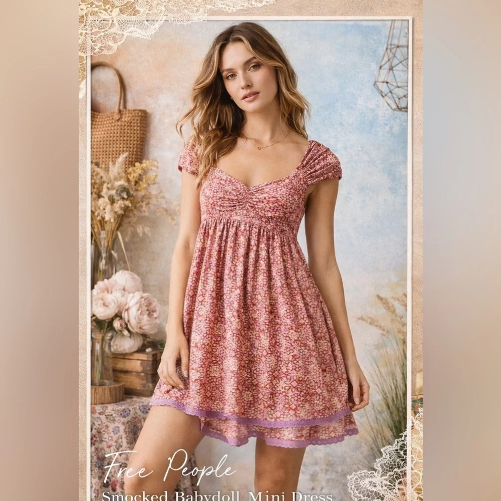 Free People Rose-Print Empire Mini Dress Size Large - Picture 2 of 10